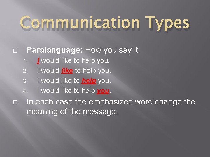 Communication Types � Paralanguage: How you say it. 1. 2. 3. 4. � I