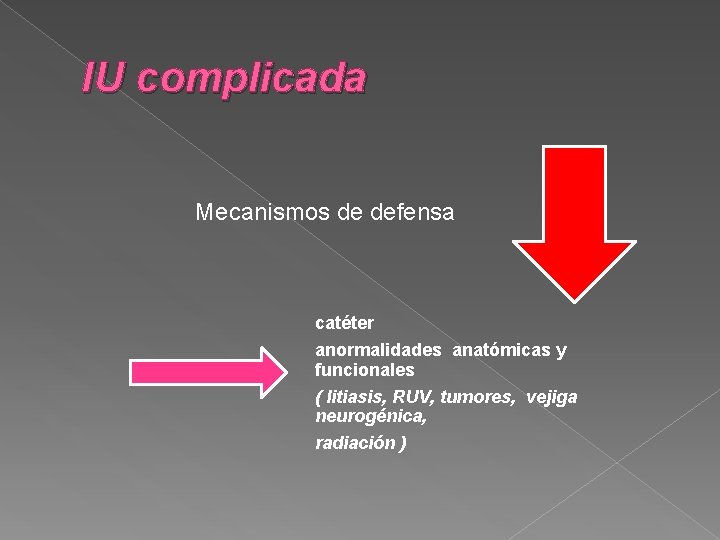 IU complicada Mecanismos de defensa catéter anormalidades anatómicas y funcionales ( litiasis, RUV, tumores,