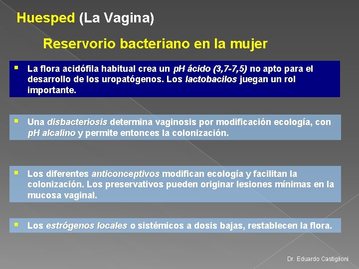 Huesped (La Vagina) Reservorio bacteriano en la mujer § La flora acidófila habitual crea