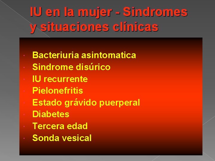 IU en la mujer - Sindromes y situaciones clínicas Bacteriuria asintomatica Sindrome disúrico IU