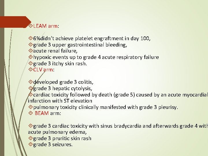  LEAM arm: 6%didn’t achieve platelet engraftment in day 100, grade 3 upper gastrointestinal