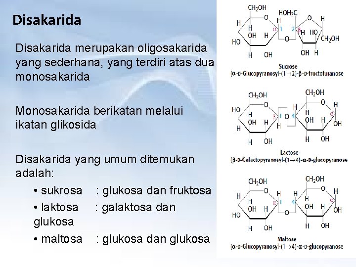 Disakarida merupakan oligosakarida yang sederhana, yang terdiri atas dua monosakarida Monosakarida berikatan melalui ikatan