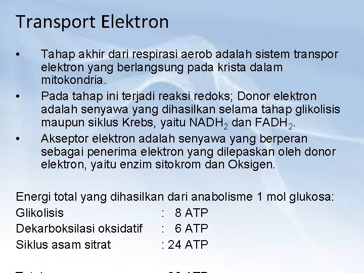 Transport Elektron • • • Tahap akhir dari respirasi aerob adalah sistem transpor elektron