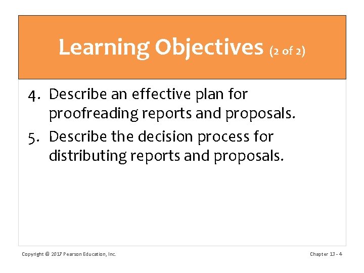 Learning Objectives (2 of 2) 4. Describe an effective plan for proofreading reports and