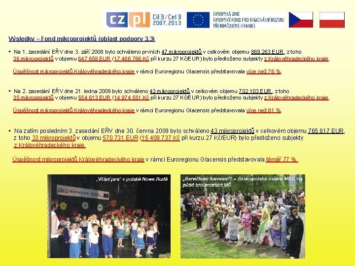 Výsledky – Fond mikroprojektů (oblast podpory 3. 3) • Na 1. zasedání EŘV dne