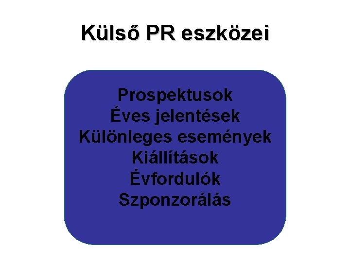 Külső PR eszközei Prospektusok Éves jelentések Különleges események Kiállítások Évfordulók Szponzorálás 