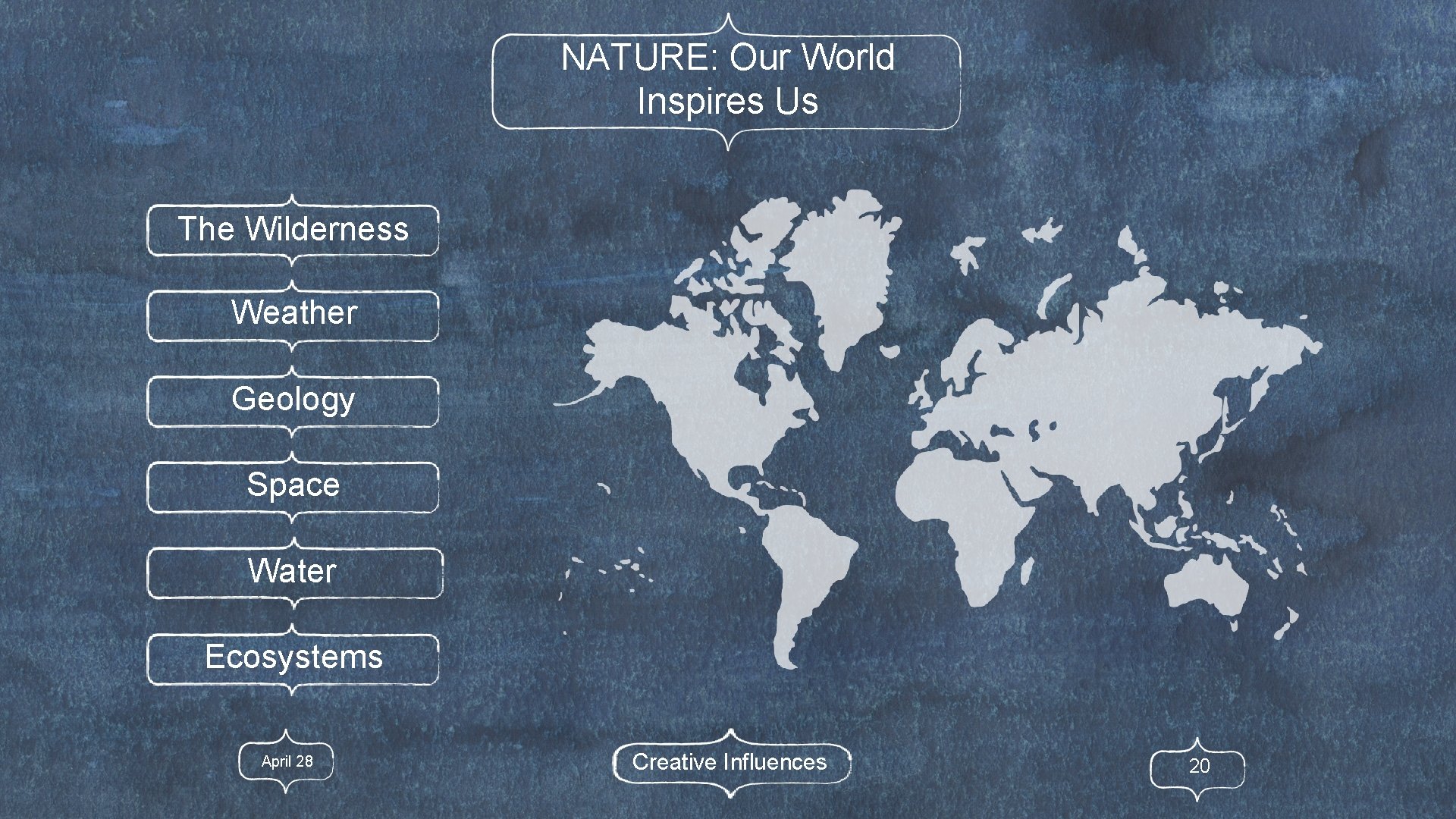 NATURE: Our World Inspires Us The Wilderness Weather Geology Space Water Ecosystems April 28