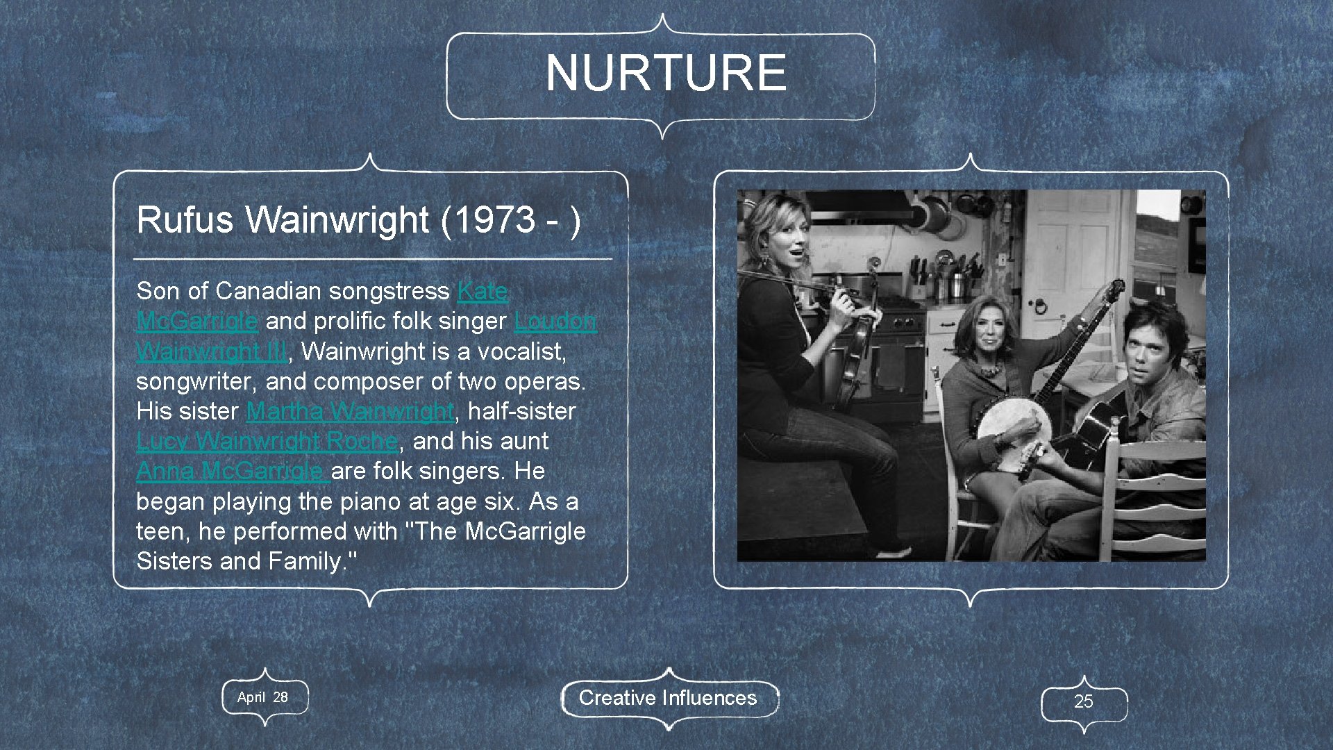NURTURE Rufus Wainwright (1973 - ) Son of Canadian songstress Kate Mc. Garrigle and
