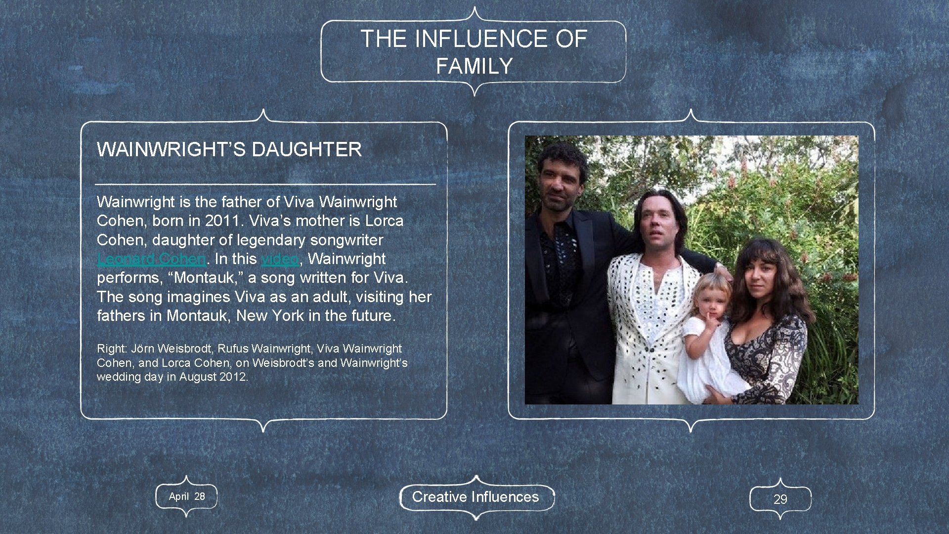 THE INFLUENCE OF FAMILY WAINWRIGHT’S DAUGHTER Wainwright is the father of Viva Wainwright Cohen,