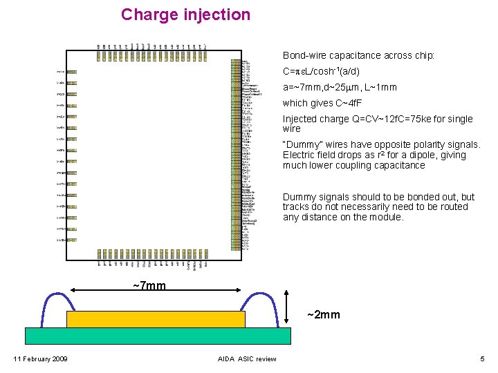 Charge injection Bond-wire parasitics: Bond-wire capacitance across chip: C=pe. L/cosh-1(a/d) a=~7 mm, d~25 mm,