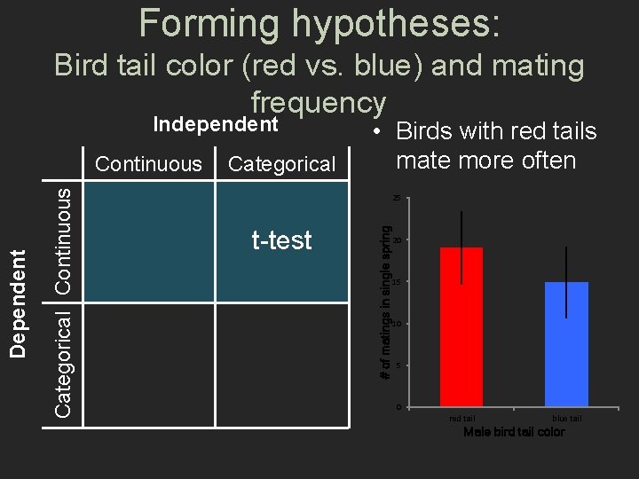 Forming hypotheses: Bird tail color (red vs. blue) and mating frequency Independent Categorical 25
