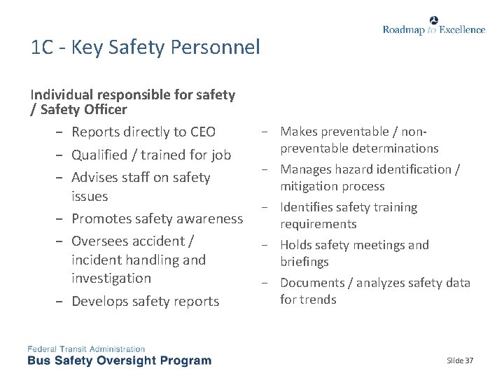 1 C - Key Safety Personnel Individual responsible for safety / Safety Officer −