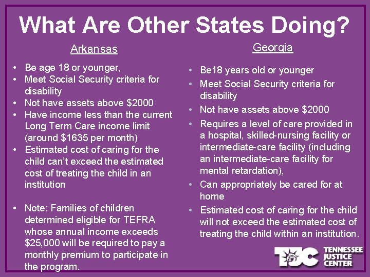 What Are Other States Doing? Arkansas Georgia • Be age 18 or younger, •