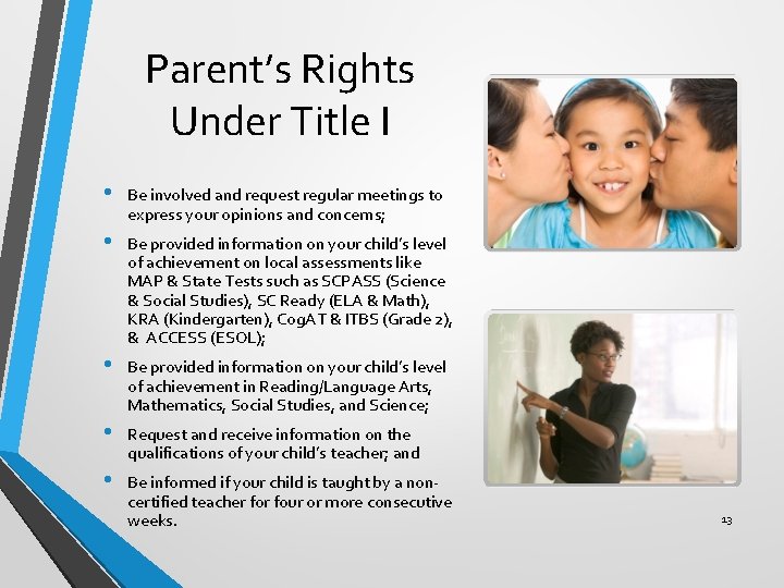 Parent’s Rights Under Title I • Be involved and request regular meetings to express