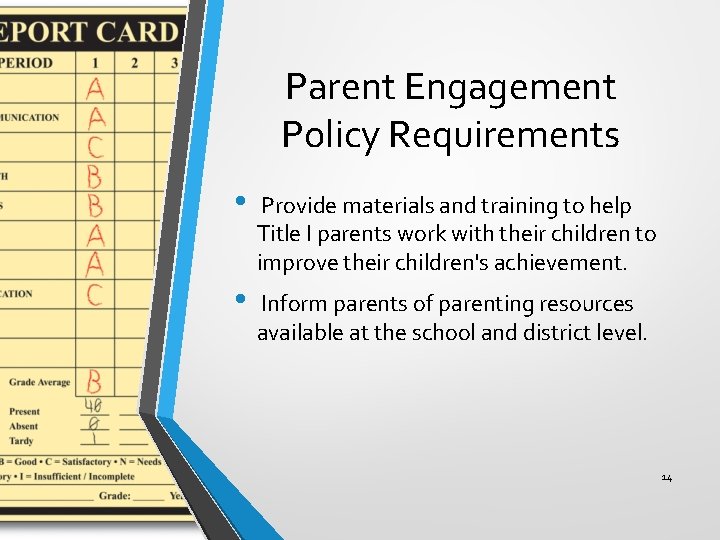 Parent Engagement Policy Requirements • Provide materials and training to help Title I parents
