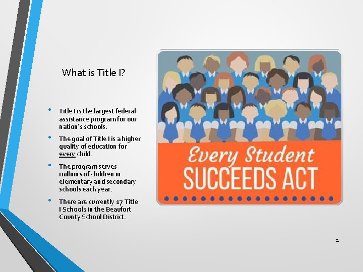 What is Title I? • Title I is the largest federal assistance program for