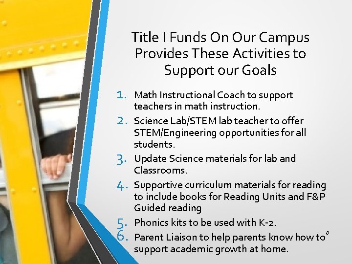 Title I Funds On Our Campus Provides These Activities to Support our Goals 1.