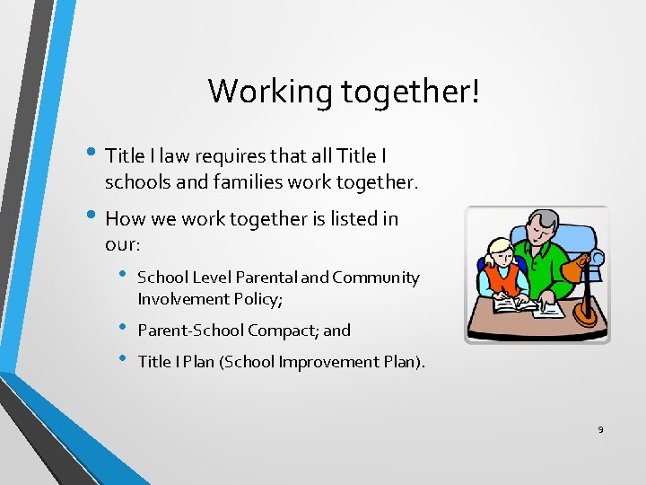 Working together! • Title I law requires that all Title I schools and families