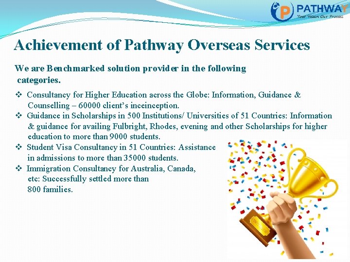 Achievement of Pathway Overseas Services We are Benchmarked solution provider in the following categories.