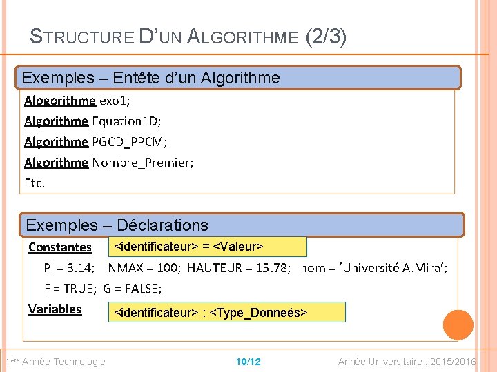 STRUCTURE D’UN ALGORITHME (2/3) Exemples – Entête d’un Algorithme Alogorithme exo 1; Algorithme Equation