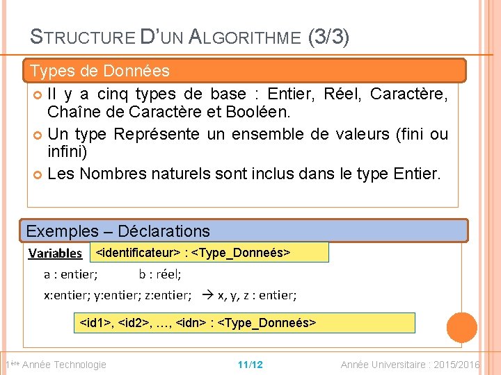 STRUCTURE D’UN ALGORITHME (3/3) Types de Données Il y a cinq types de base