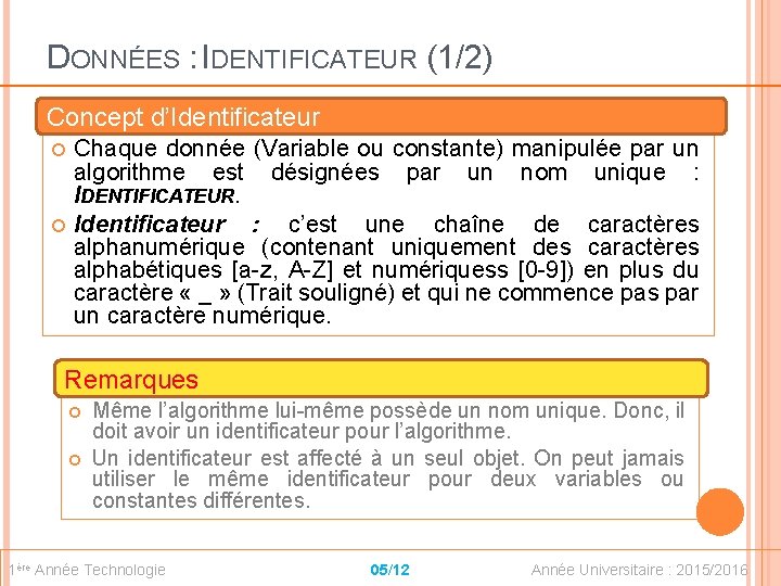 DONNÉES : IDENTIFICATEUR (1/2) Concept d’Identificateur Chaque donnée (Variable ou constante) manipulée par un