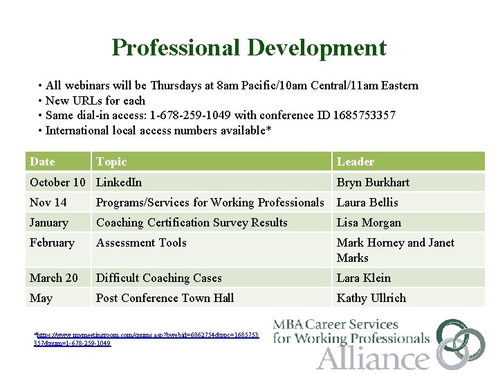 Professional Development • All webinars will be Thursdays at 8 am Pacific/10 am Central/11
