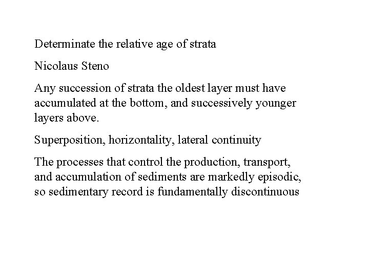 Determinate the relative age of strata Nicolaus Steno Any succession of strata the oldest
