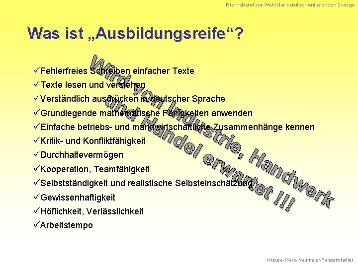 Elternabend zur Wahl der berufsorientierenden Zweige Was ist „Ausbildungsreife“? W üFehlerfreies Schreiben ird einfacher