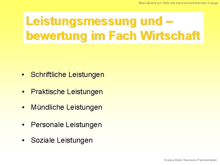 Elternabend zur Wahl der berufsorientierenden Zweige Leistungsmessung und – bewertung im Fach Wirtschaft •