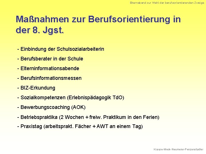 Elternabend zur Wahl der berufsorientierenden Zweige Maßnahmen zur Berufsorientierung in der 8. Jgst. -