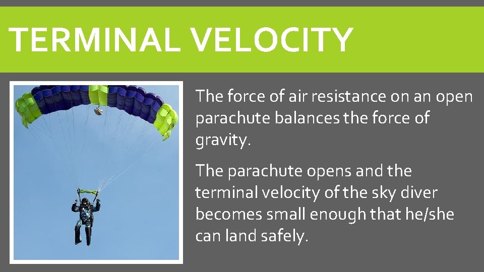 TERMINAL VELOCITY The force of air resistance on an open parachute balances the force