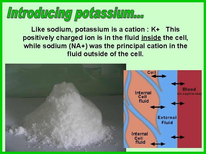 Like sodium, potassium is a cation : K+ This positively charged ion is in