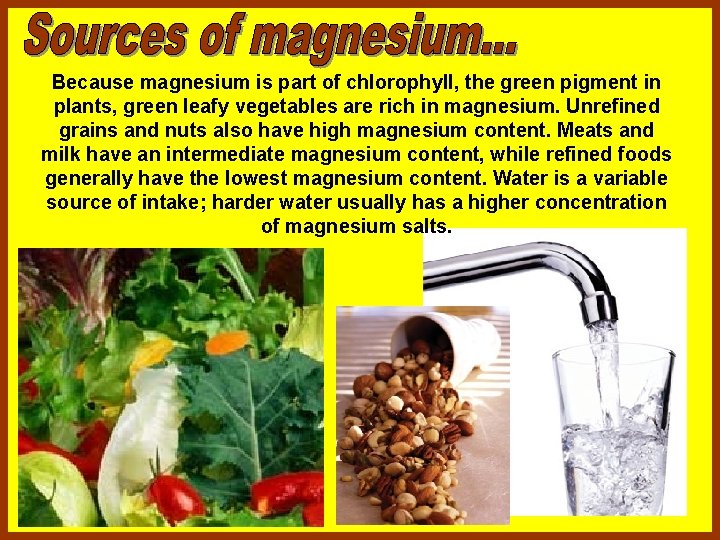 Because magnesium is part of chlorophyll, the green pigment in plants, green leafy vegetables