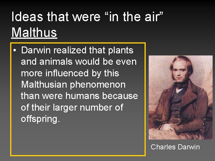 Ideas that were “in the air” Malthus • Darwin realized that plants and animals