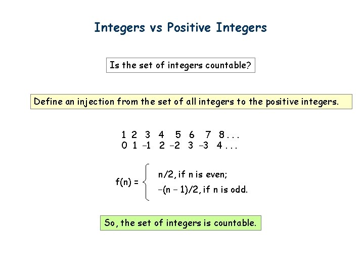 Integers vs Positive Integers Is the set of integers countable? Define an injection from