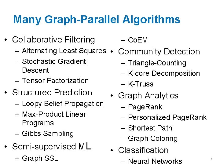 Many Graph-Parallel Algorithms • Collaborative Filtering – Co. EM – Alternating Least Squares •