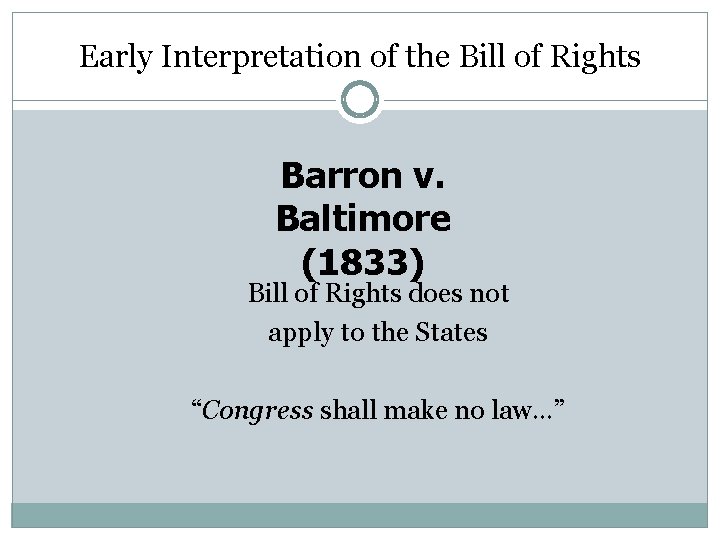 Early Interpretation of the Bill of Rights Barron v. Baltimore (1833) Bill of Rights