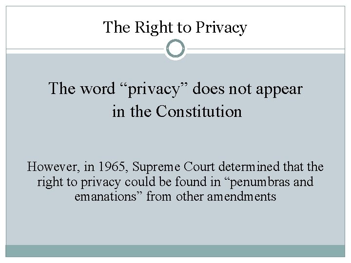 The Right to Privacy The word “privacy” does not appear in the Constitution However,