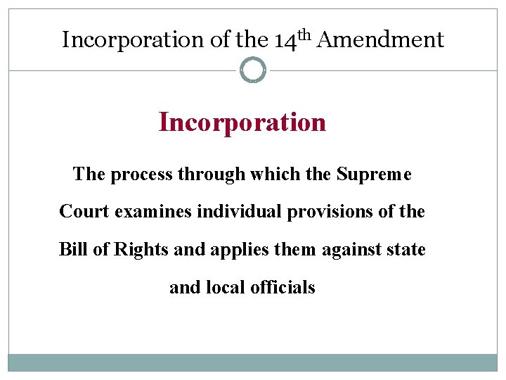 Incorporation of the 14 th Amendment Incorporation The process through which the Supreme Court