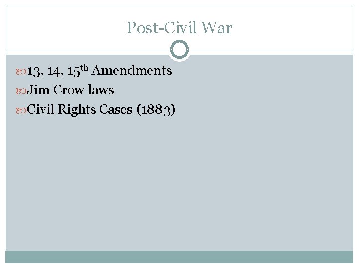 Post-Civil War 13, 14, 15 th Amendments Jim Crow laws Civil Rights Cases (1883)