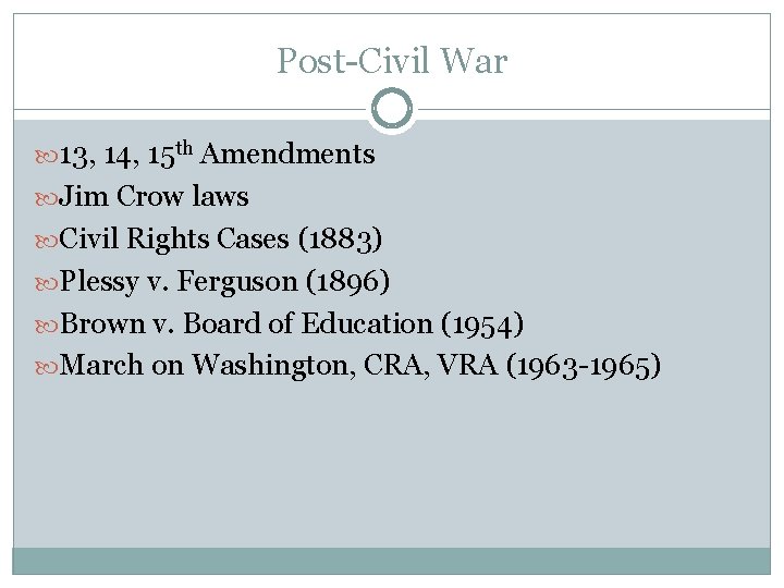 Post-Civil War 13, 14, 15 th Amendments Jim Crow laws Civil Rights Cases (1883)