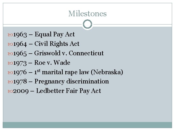 Milestones 1963 – Equal Pay Act 1964 – Civil Rights Act 1965 – Griswold