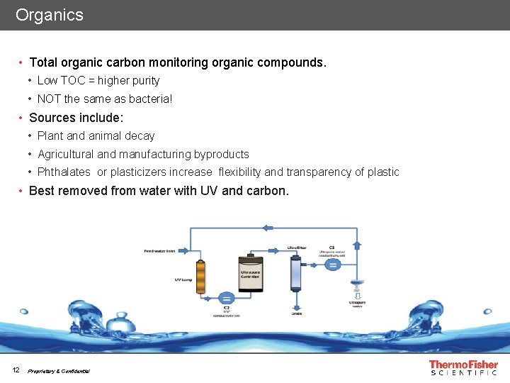 Organics • Total organic carbon monitoring organic compounds. • Low TOC = higher purity