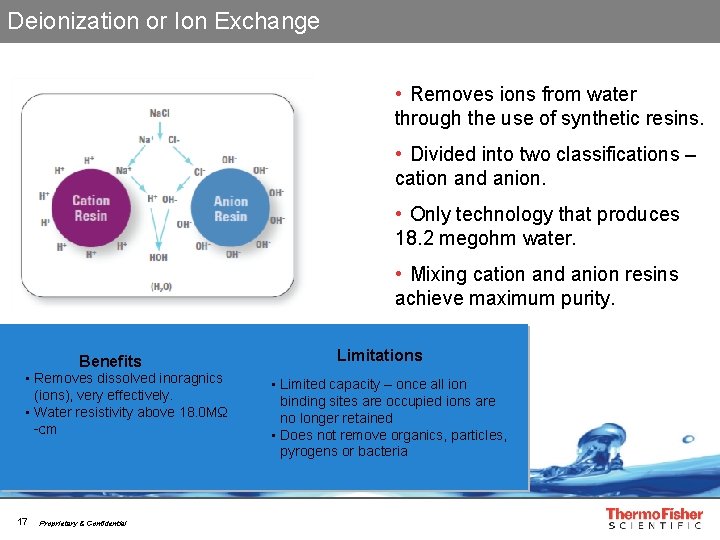 Deionization or Ion Exchange • Removes ions from water through the use of synthetic