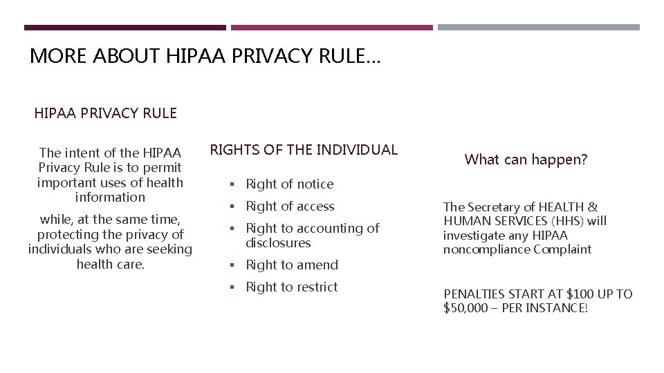 MORE ABOUT HIPAA PRIVACY RULE… HIPAA PRIVACY RULE The intent of the HIPAA Privacy