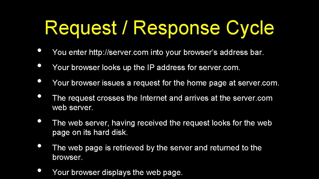 Request / Response Cycle • • You enter http: //server. com into your browser’s