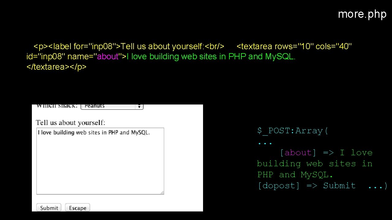 more. php <p><label for="inp 08">Tell us about yourself: <br/> <textarea rows="10" cols="40" id="inp 08"