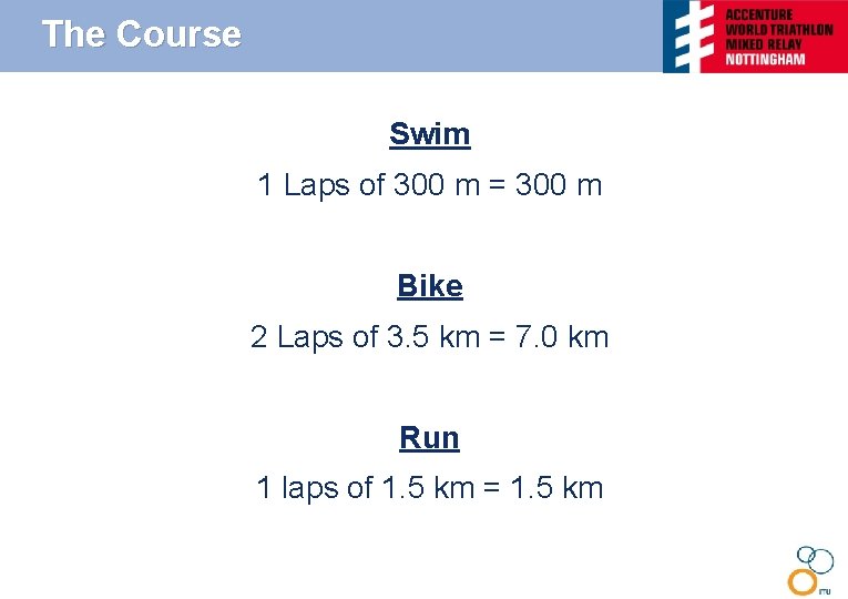 The Course Swim 1 Laps of 300 m = 300 m Bike 2 Laps