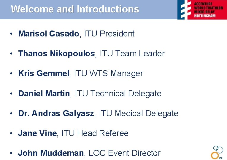 Welcome and Introductions • Marisol Casado, ITU President • Thanos Nikopoulos, ITU Team Leader